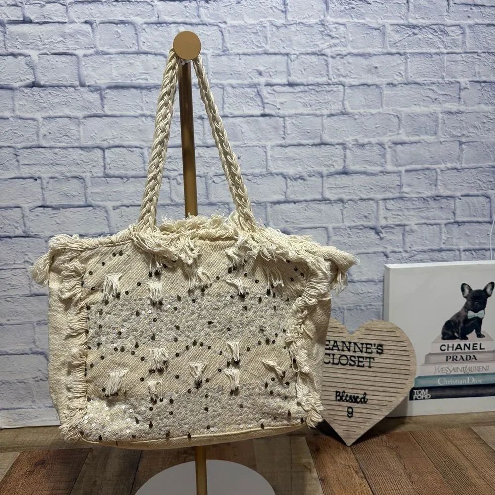A&B America & beyond cream sequin & fringe tote bag